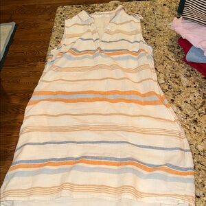 Sleeveless Striped Cotton Dress in White with Orange & Blue Stripes